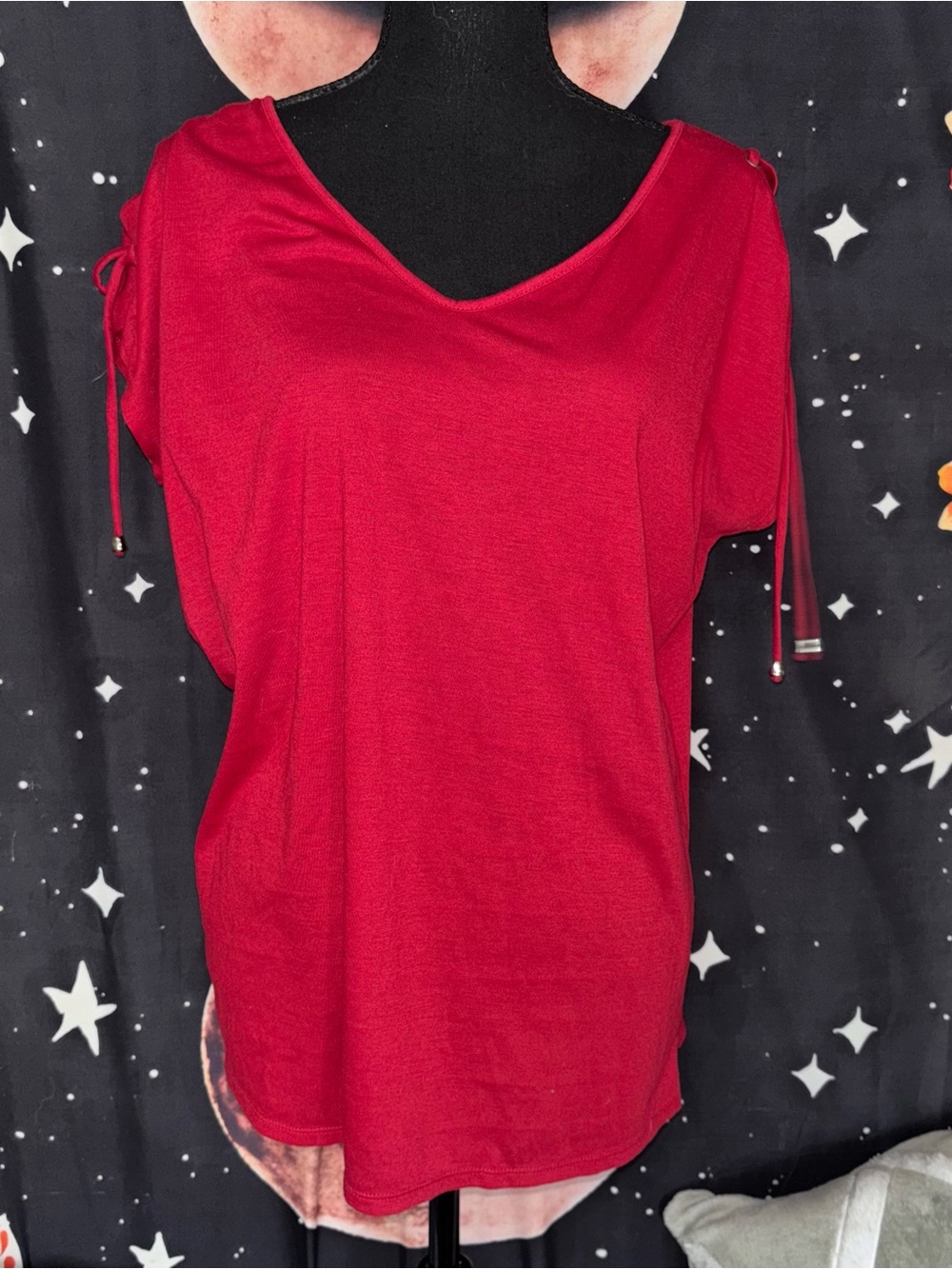 PerSeption Concept Red V-Neck Tie-Shoulder Short Sleeve Top
